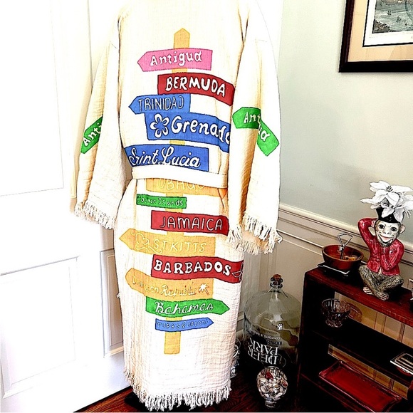 Colorful Caribbean Signpost Kimono Robe Cotton Natural Sash Belt Loops Handmade - Picture 5 of 14